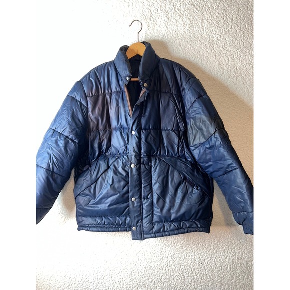 Vintage Sears Mens Sportswear Navy Blue Puffer Jacket Quilted Winter Coat 46 Reg